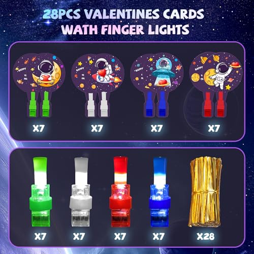 Gocozer Valentines Day Gifts for Kids 28 Pack LED Finger Lights with Space Astronaut themed Valentines Cards for Classroom Finger Flashlights Light Up Toys for Kids Bulk Preschool Valentines Gifts - Image 5
