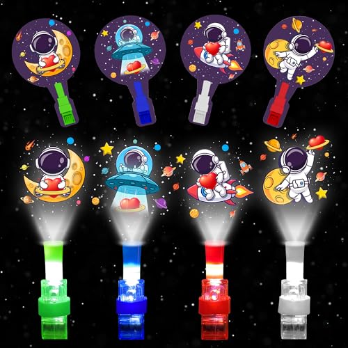 Gocozer Valentines Day Gifts for Kids 28 Pack LED Finger Lights with Space Astronaut themed Valentines Cards for Classroom Finger Flashlights Light Up Toys for Kids Bulk Preschool Valentines Gifts - Image 1