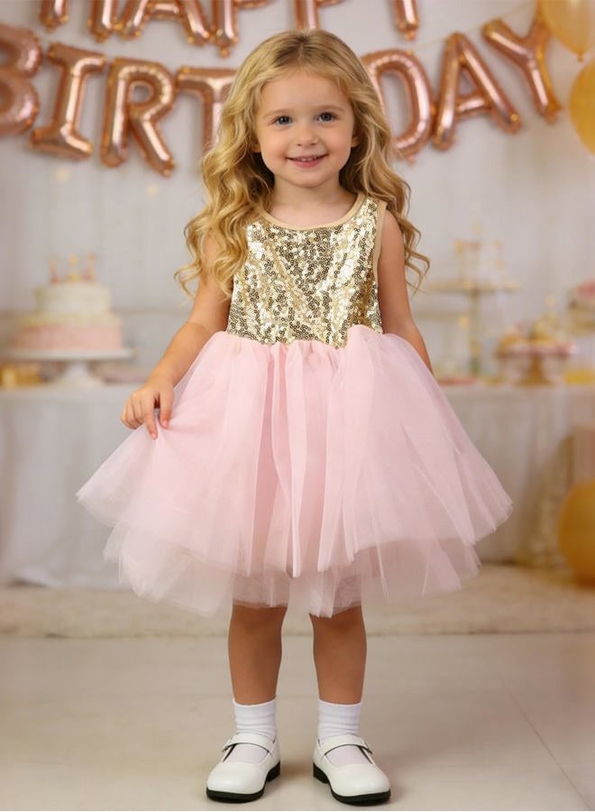 AGQT Baby Toddler Girls Birthday Tutu Dress Sequin Tulle Soft Lined Formal Princess Dresses for Party Wedding, 7057g# Golden-pink, 12-18 Months - Image 2