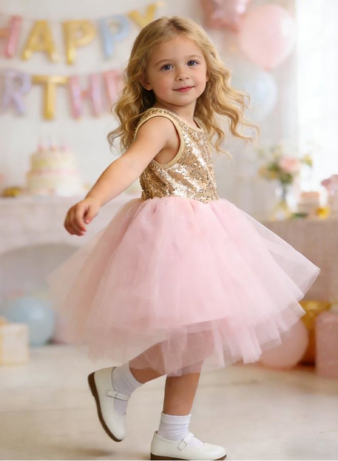 AGQT Baby Toddler Girls Birthday Tutu Dress Sequin Tulle Soft Lined Formal Princess Dresses for Party Wedding, 7057g# Golden-pink, 12-18 Months - Image 4