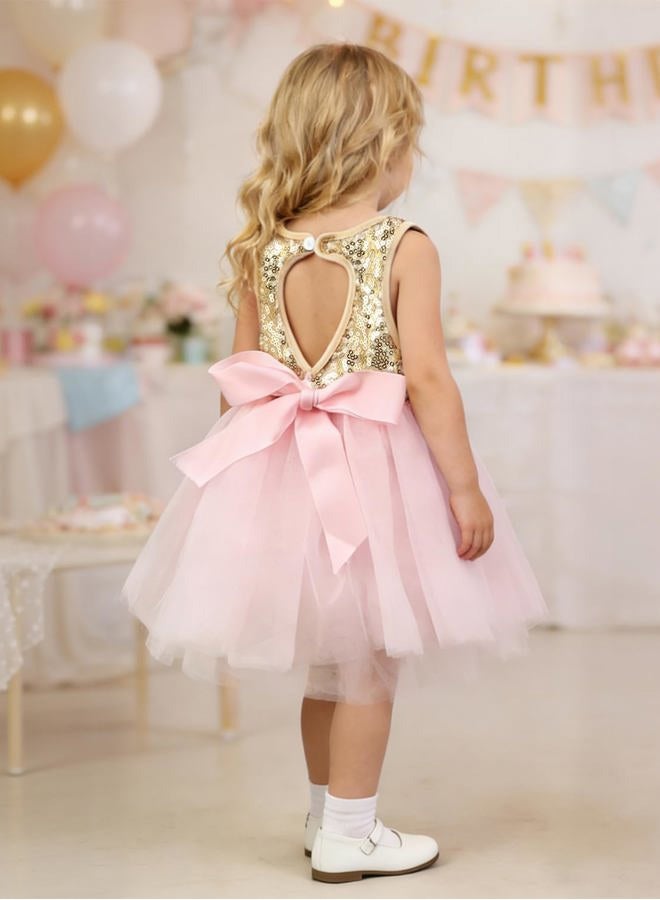 AGQT Baby Toddler Girls Birthday Tutu Dress Sequin Tulle Soft Lined Formal Princess Dresses for Party Wedding, 7057g# Golden-pink, 12-18 Months - Image 5