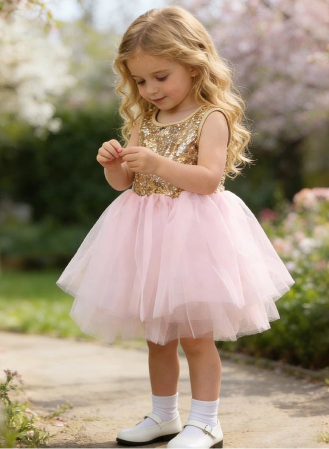 AGQT Baby Toddler Girls Birthday Tutu Dress Sequin Tulle Soft Lined Formal Princess Dresses for Party Wedding, 7057g# Golden-pink, 12-18 Months - Image 3