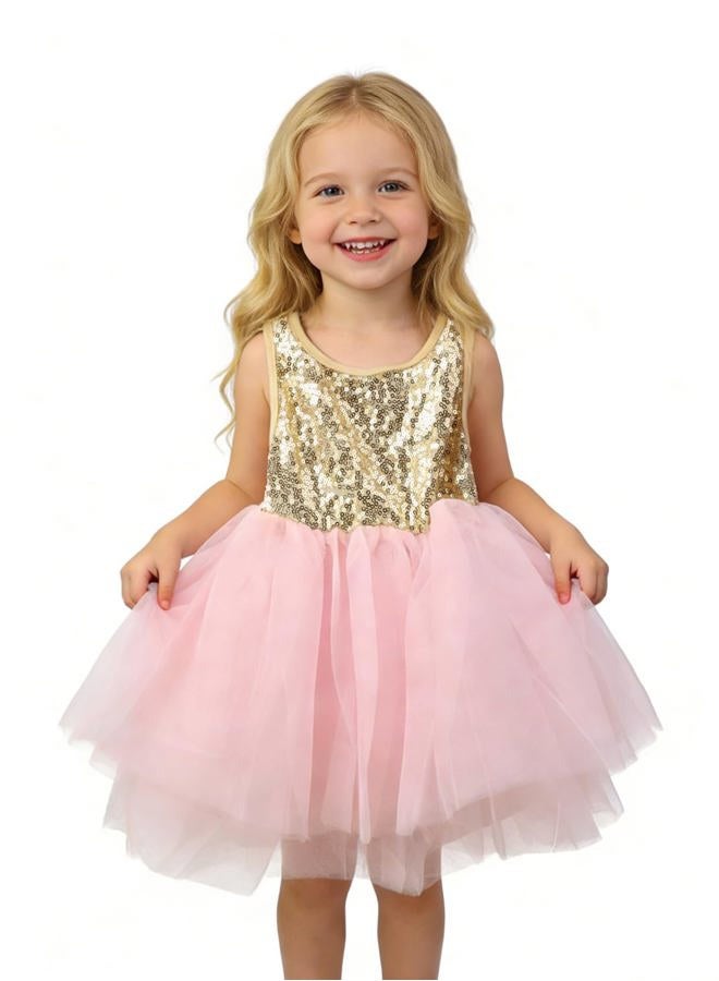 AGQT Baby Toddler Girls Birthday Tutu Dress Sequin Tulle Soft Lined Formal Princess Dresses for Party Wedding, 7057g# Golden-pink, 12-18 Months - Image 1