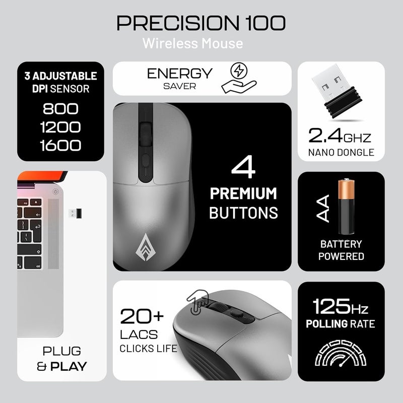 Archer Tech Lab Wireless Mouse, 2.4GHz USB Nano Receiver, 3 DPI (800/1200/1600), Ergonomic Lightweight Design 55g, 10M Range, Plug & Play, 2 Million Clicks, for Windows PC/Laptop (Precision 100-Grey) - Image 2