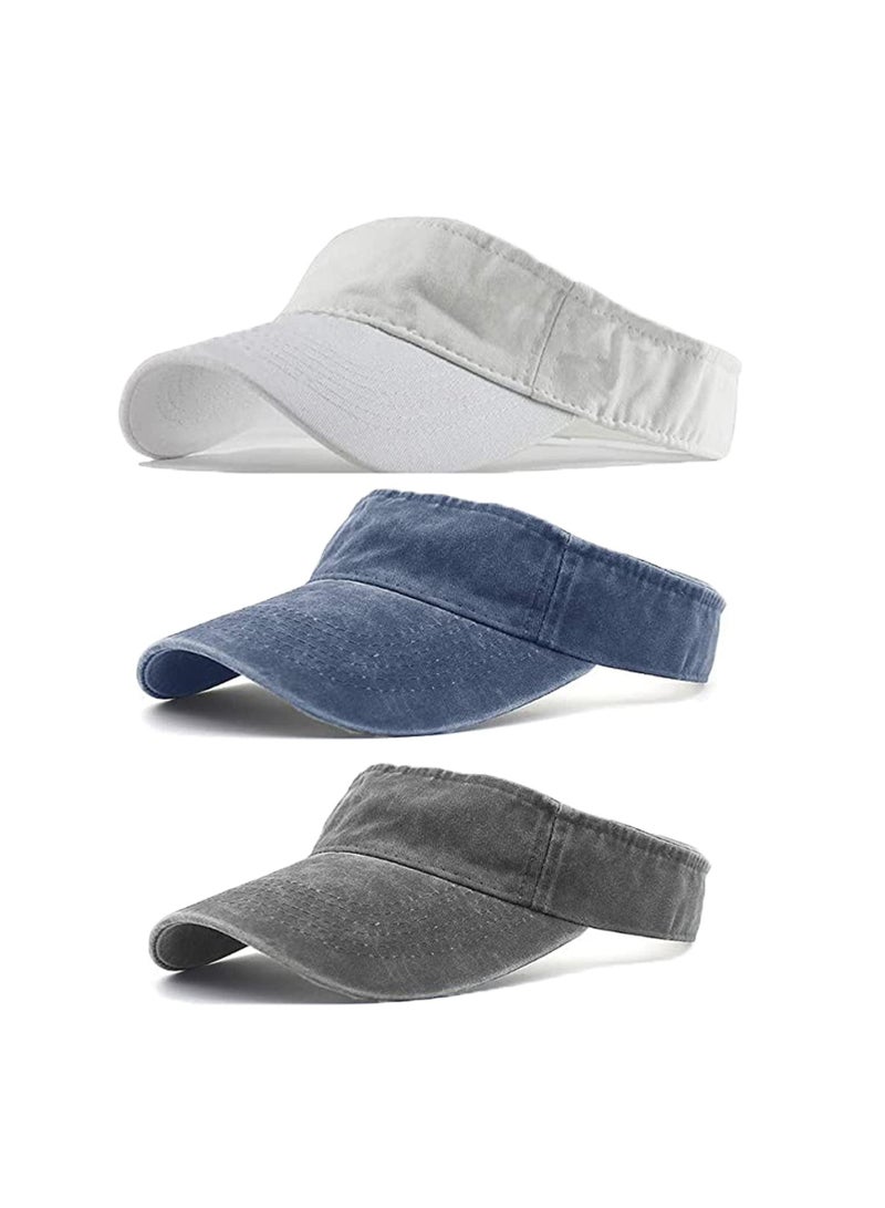 Generic 3 Pack Sun Visor Hats Cooling Lightweight Sports Adjustable Washed Cowboy Hat Twill Cotton Run Visors(White, Navy, Grey) - Image 1