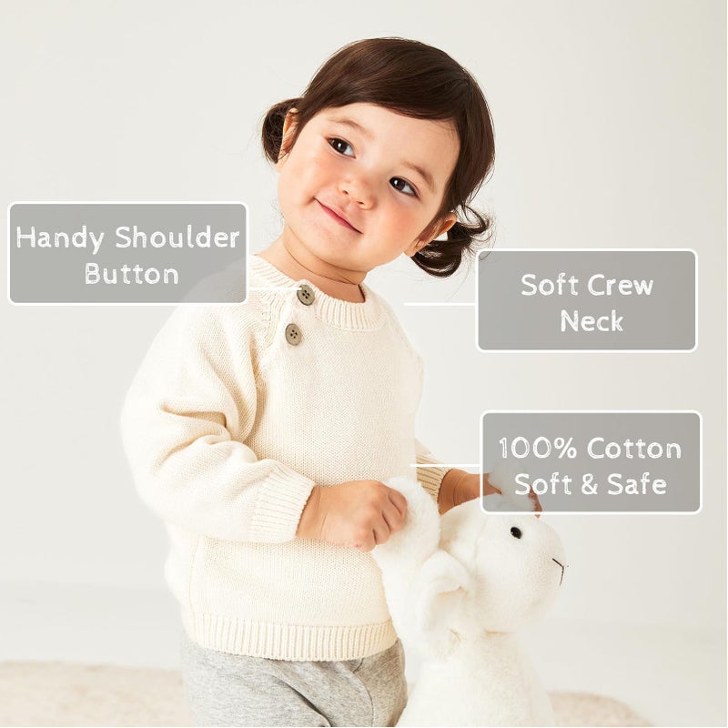 pureborn Baby Boys Girls Pullover Sweater Cotton Knit Warm Crewneck Long Sleeve Tops Cream 12-18 Months - Image 2