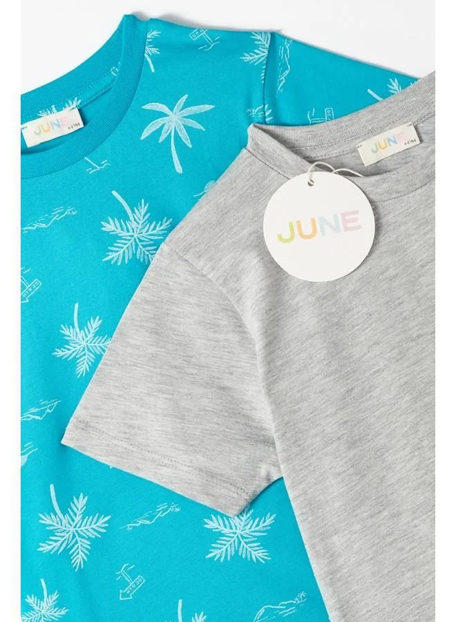 جون June Boy 2-Pack Patterned and Plain Tshirt Turquoise - Greymelange