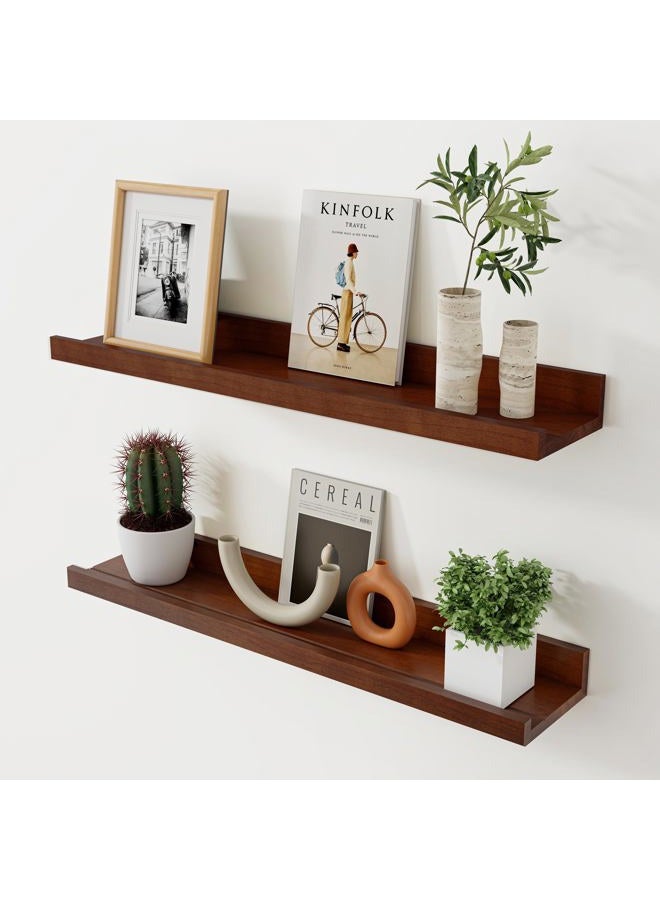 Acovy Floating Shelves for Wall, 24 inch Solid Wood Picture Ledge Shelf, Picture Shelf for Wall with Ledge, Floating Book Shelves for Living Room Bedroom Kitchen Nursery Decor, Walnut, Set of 2 - Image 1