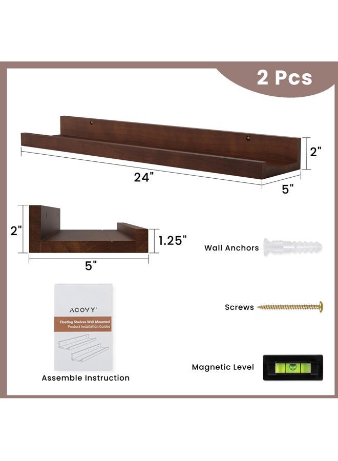 Acovy Floating Shelves for Wall, 24 inch Solid Wood Picture Ledge Shelf, Picture Shelf for Wall with Ledge, Floating Book Shelves for Living Room Bedroom Kitchen Nursery Decor, Walnut, Set of 2 - Image 3