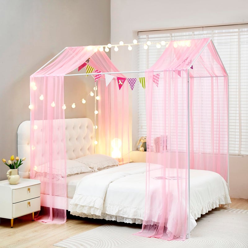 Mengersi House Bed Canopy Bed Curtains with LightsMontessori Floor Bed Canopy for Girls BoysFour Poster Bed Curtains House Bed Decoration FullQueen Pink