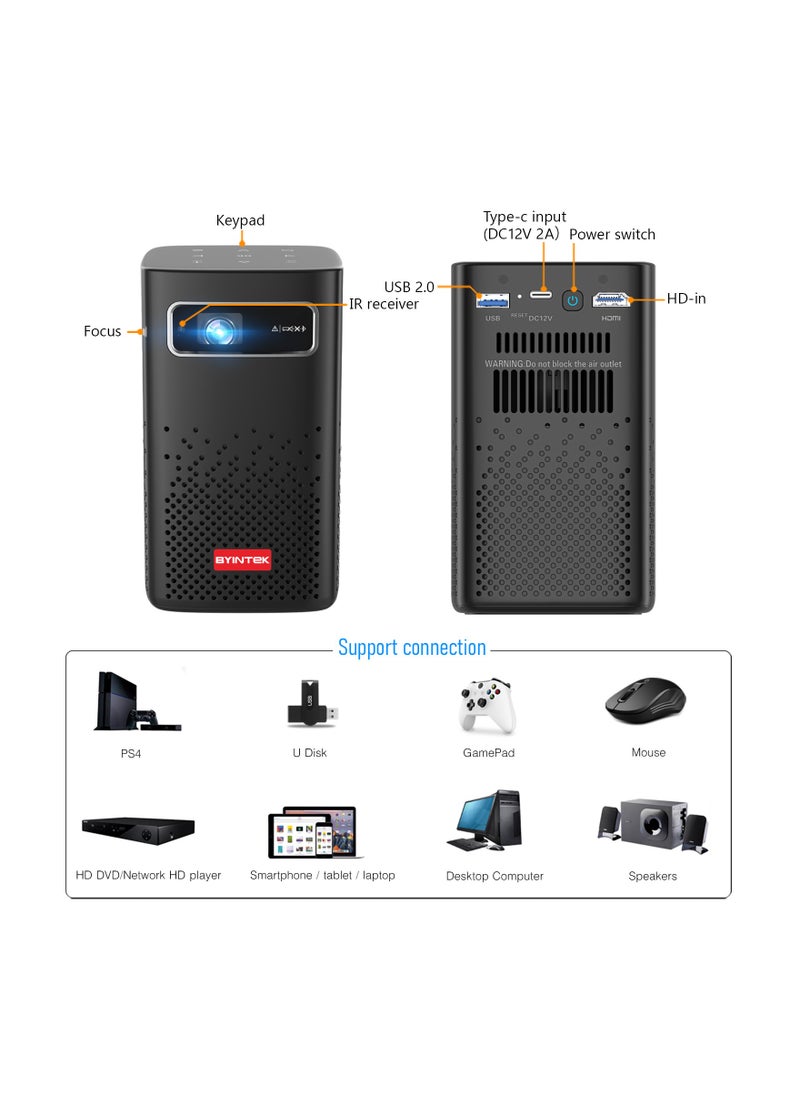BYINTEK - BYINTEK P20 Upgraded Mini DLP 3D Projector, Battery Powered Portable HD LED Wifi Projector, Supports 1080P 4K, Android 9.0 OS, Wireless Smartphone Display - Image 1