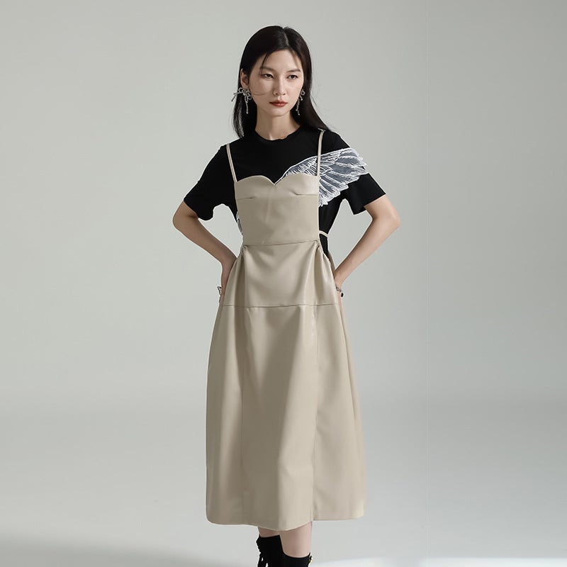 Zhongchuang Daily Fashionable PU Slip Skirt 2025 Summer Loose Slim-fit Waist Stereo Large Swing dress Slip Skirt Apricot 
