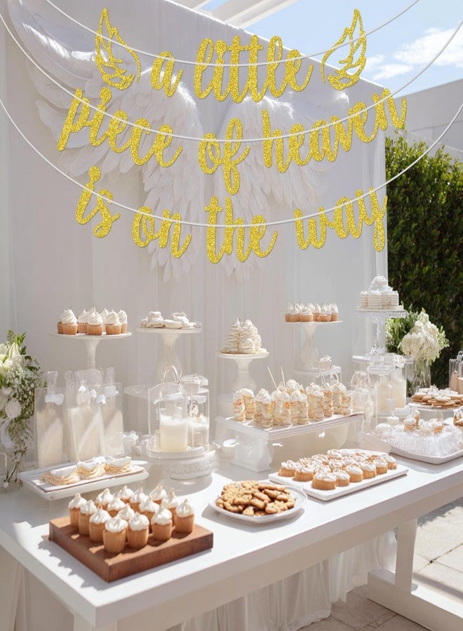 ZACHAKO Gold Glitter A Little Piece of Heaven is on the Way Banner, Wings Angle Baby Shower Decor, Haven Sent Baby's Birthday Gender Reveal Party Decorations Supplies - Image 5