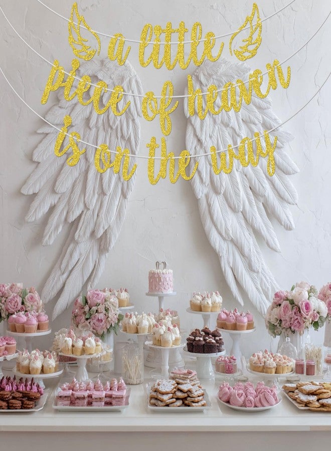 ZACHAKO Gold Glitter A Little Piece of Heaven is on the Way Banner, Wings Angle Baby Shower Decor, Haven Sent Baby's Birthday Gender Reveal Party Decorations Supplies - Image 3