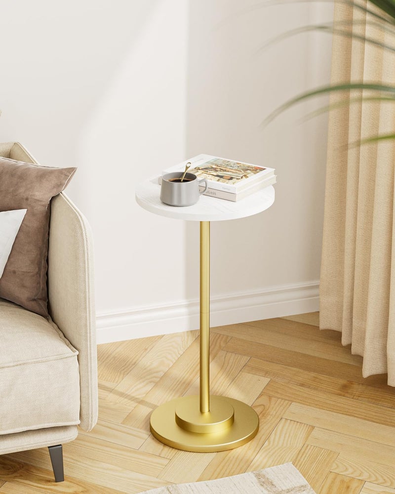 Masupu Drink Table, Round Side Table for Small Spaces, Pedestal Side Table, Small End Table with Metal Base, for Living Room, Bedroom, Bathroom, White Gold - Image 5