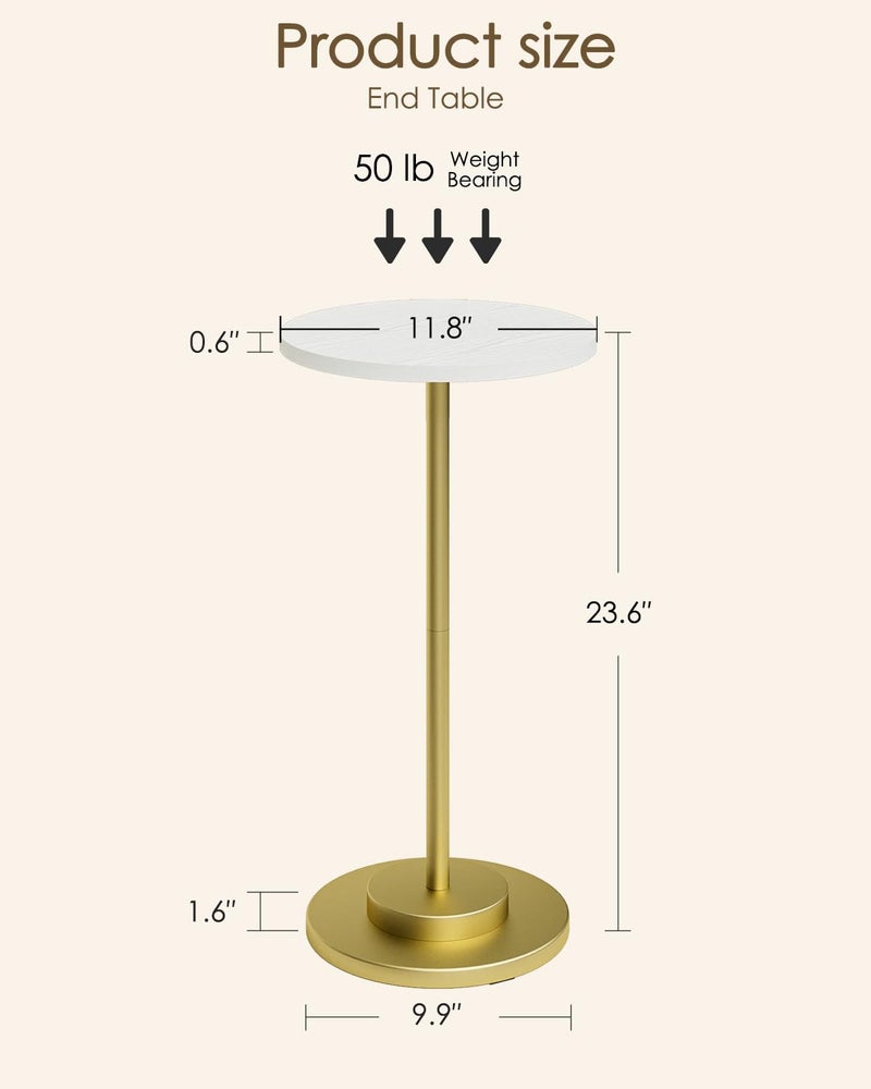 Masupu Drink Table, Round Side Table for Small Spaces, Pedestal Side Table, Small End Table with Metal Base, for Living Room, Bedroom, Bathroom, White Gold - Image 4