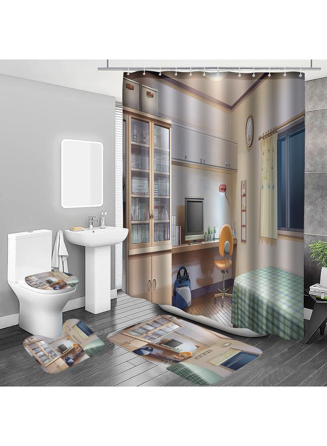 Bluejw A Generation Of Japanese Animation Scene Shower Curtain Four-piece Digital Printing Shower Curtain Mat Suit U-shaped Mat Wholesale - Image 1