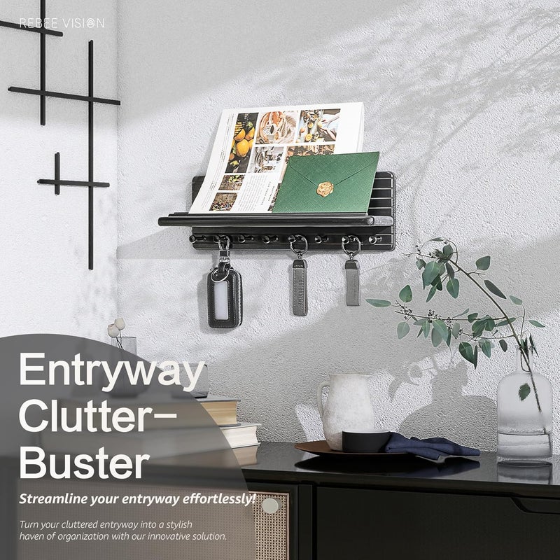Rebee Vision حامل مفاتيح مزرعة من للتركيب على الحائط لديكور الغرفة – رف مفاتيح عصري للحائط مع 8 خطافات قوية ورف عائم – حل تنظيم منزلي للمساحات الجمالية (أسود) - Image 4