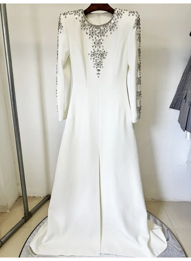 Madam Uniq Women’s Beaded Embellished High Slit Evening Gown with Train