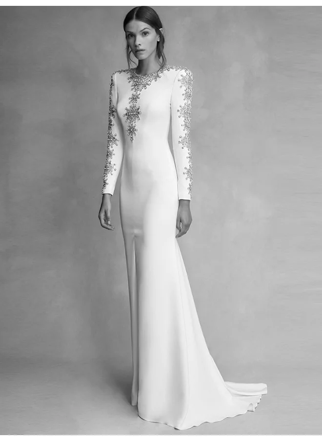 Madam Uniq Women’s Beaded Embellished High Slit Evening Gown with Train