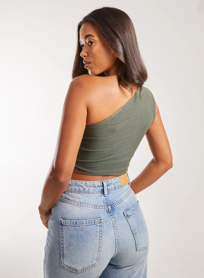 بينك فانيلا Mesh One Shoulder Hanky Top