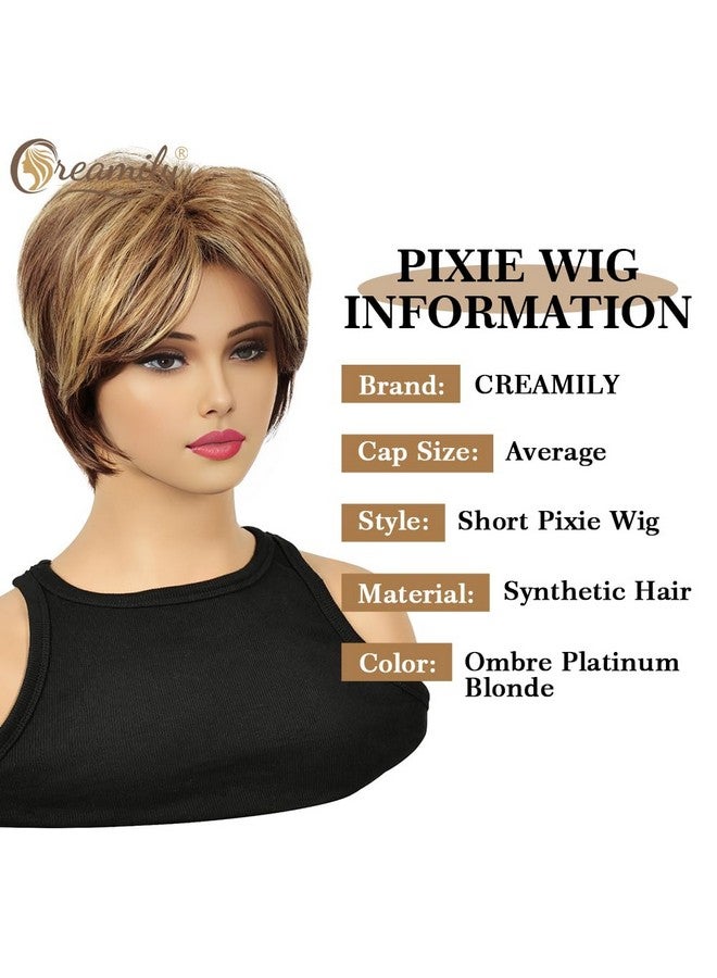 Short Brown Pixie Cut Wig For Women Short Hair Wigs With Bangs Mixed Blonde Highlight Layered Fluffy Synthetic Hair Replacement Wig Halloween Costumes Wigs