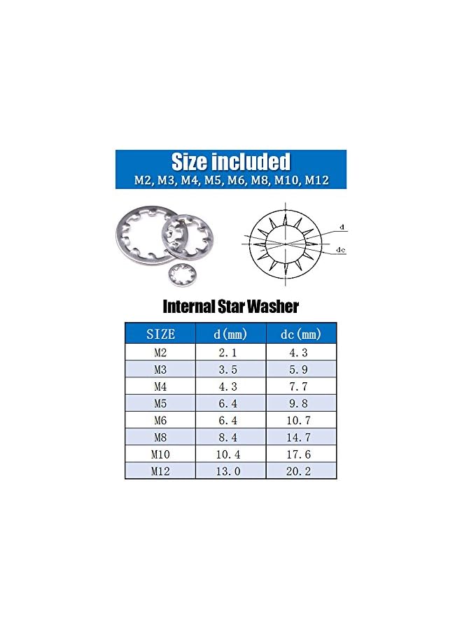 Hilitchi 300-Pcs [8-Size] 304 Stainless Steel Internal Tooth Star Lock Washers Assortment Set - Size Included: M2 M3 M4 M5 M6 M8 M10 M12 - Image 2