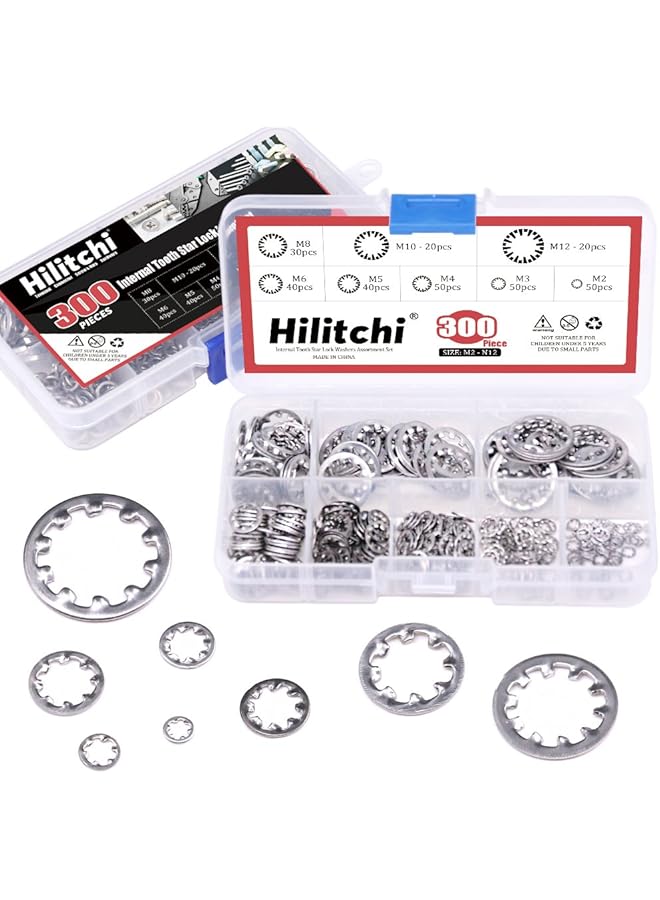 Hilitchi 300-Pcs [8-Size] 304 Stainless Steel Internal Tooth Star Lock Washers Assortment Set - Size Included: M2 M3 M4 M5 M6 M8 M10 M12 - Image 1