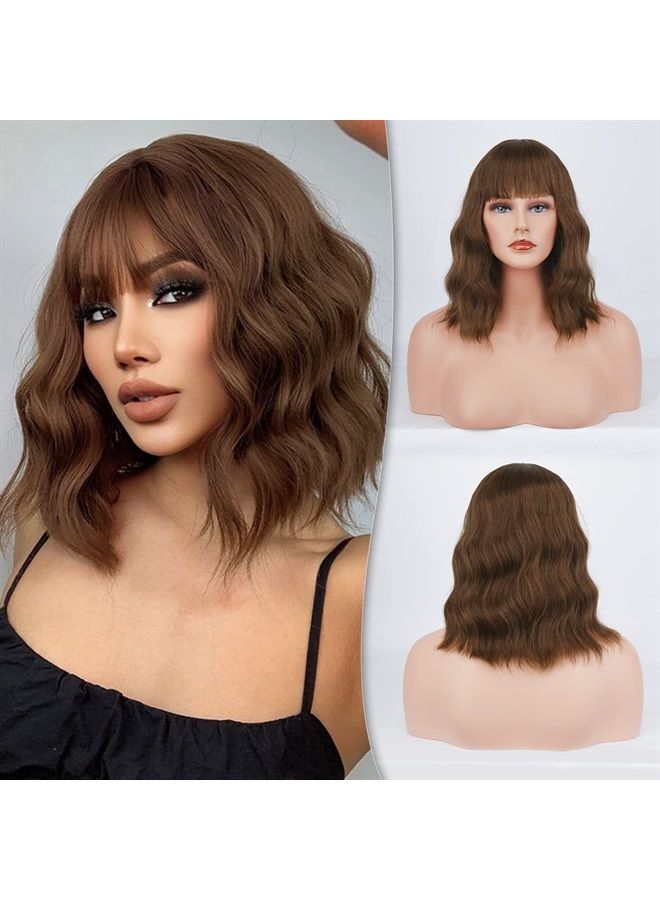 BARSDAR Short Wavy Wig With Bangs, Women's Short Bob Brown Wig With Bangs Pastel Wavy Synthetic Shoulder Length Party Wig With Free Wig Cap For Women Girls Daily Use Colorful Wig(14'', Chestnut Brown) - Image 1