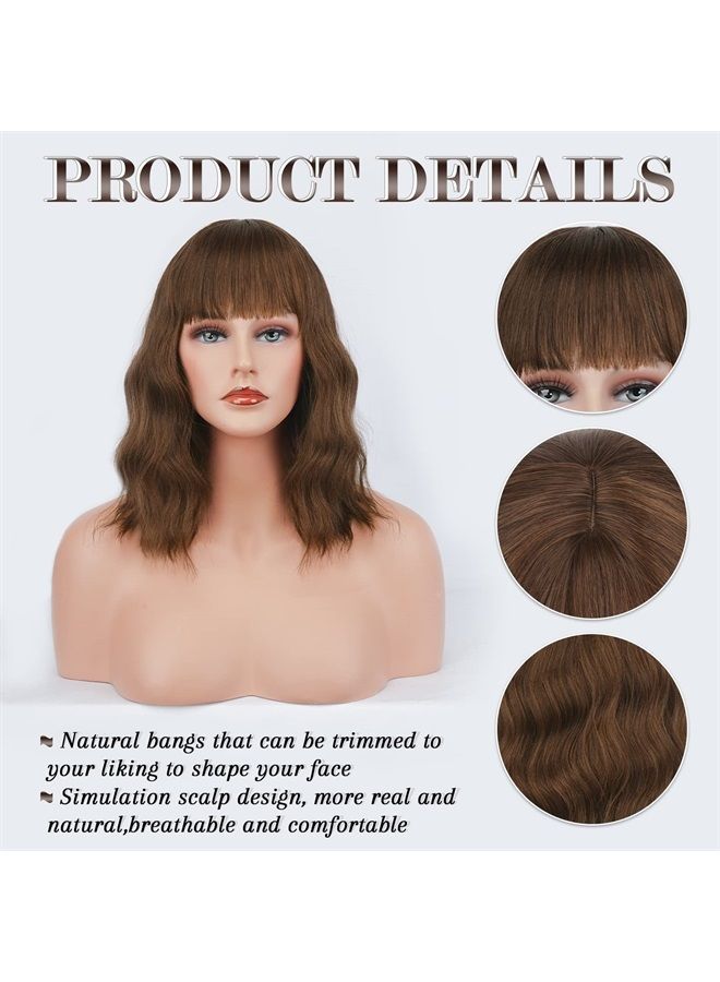 BARSDAR Short Wavy Wig With Bangs, Women's Short Bob Brown Wig With Bangs Pastel Wavy Synthetic Shoulder Length Party Wig With Free Wig Cap For Women Girls Daily Use Colorful Wig(14'', Chestnut Brown) - Image 4