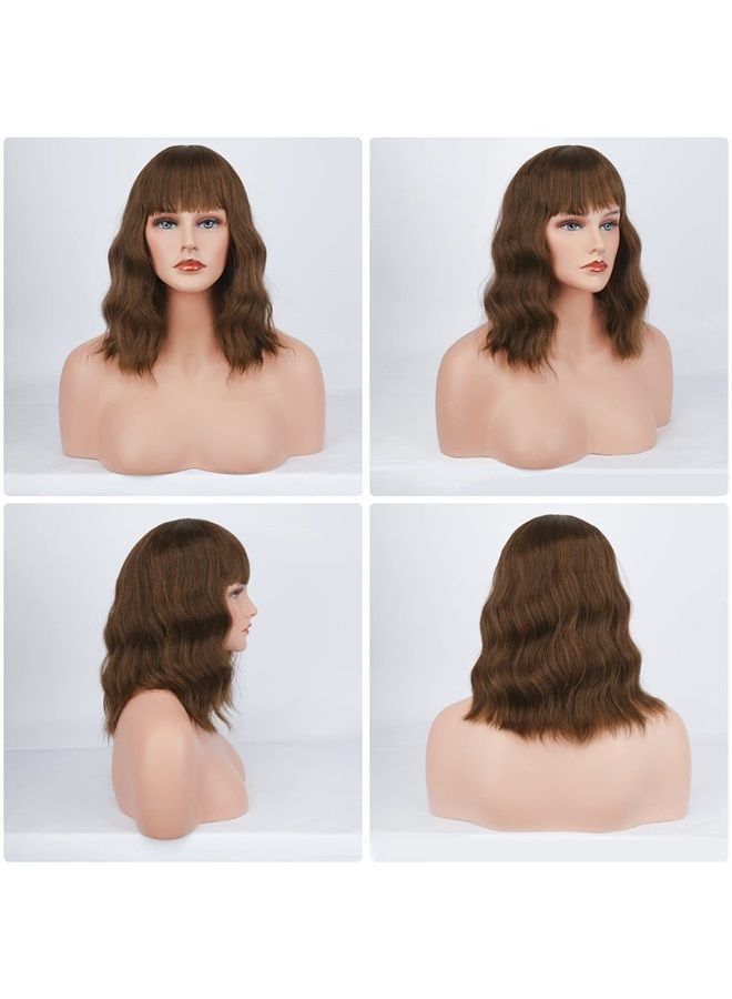 BARSDAR Short Wavy Wig With Bangs, Women's Short Bob Brown Wig With Bangs Pastel Wavy Synthetic Shoulder Length Party Wig With Free Wig Cap For Women Girls Daily Use Colorful Wig(14'', Chestnut Brown) - Image 2