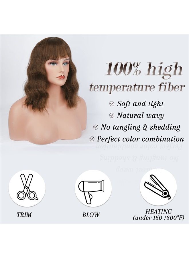 BARSDAR Short Wavy Wig With Bangs, Women's Short Bob Brown Wig With Bangs Pastel Wavy Synthetic Shoulder Length Party Wig With Free Wig Cap For Women Girls Daily Use Colorful Wig(14'', Chestnut Brown) - Image 3