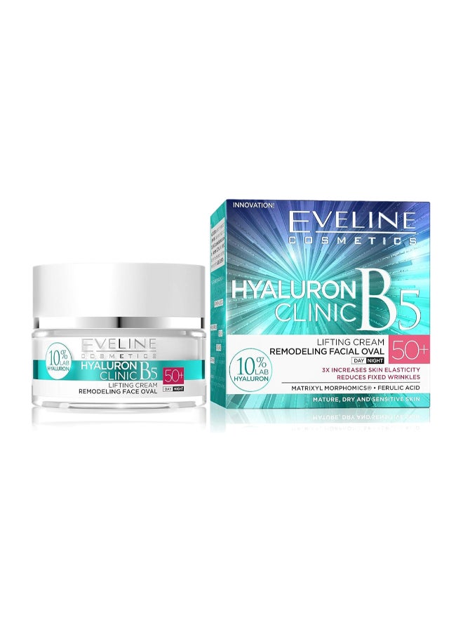 Eveline Cosmetics Hyaluronic Clinic B5 Day And Night Lifting Cream, Spf 50+, Remodeling Facial Oval 50ml - Image 1