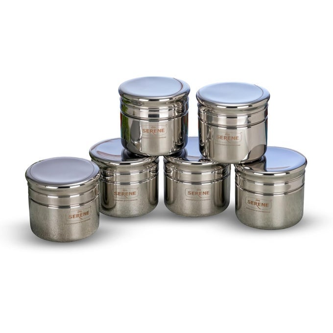 STAINLESS STEEL JARS WITH AIRTIGHT LIDS MULTIPURPOSE STEEL CANNISTERS FOR SNACKS DRYFRUITS SPICE DISPENSERS KITCHEN ORGANIZER FOR MODULARTRADITIONAL HOMES 1182 600 ML EACH SET OF 6