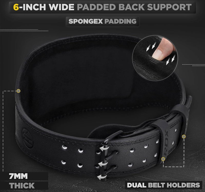 RDX Weight Lifting Belt for Gym Fitness - Cowhide Leather, 4" & 6" Padded, Adjustable for Powerlifting and Bodybuilding -S |Black/Black (WBS-6FB-S) - Image 3