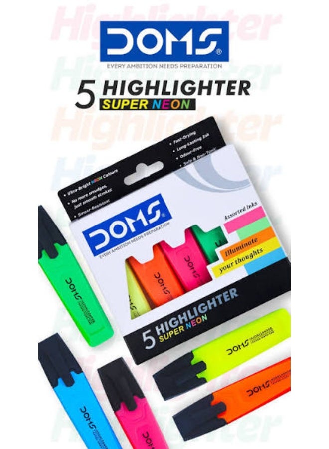 Doms Super Neon Highlighter Pens, Pack of 5 Assorted Colors - Image 2