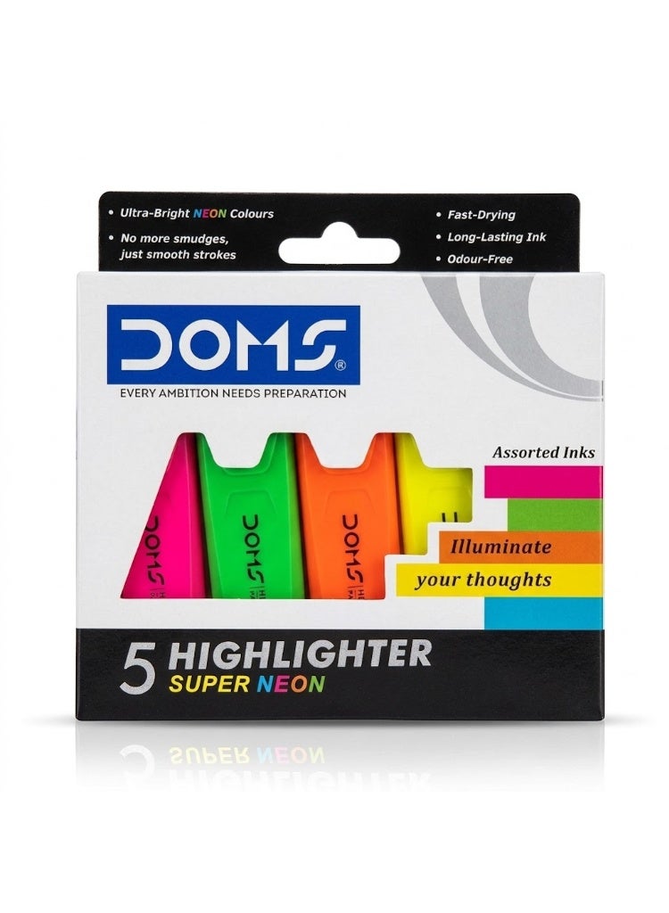 Doms Super Neon Highlighter Pens, Pack of 5 Assorted Colors - Image 1