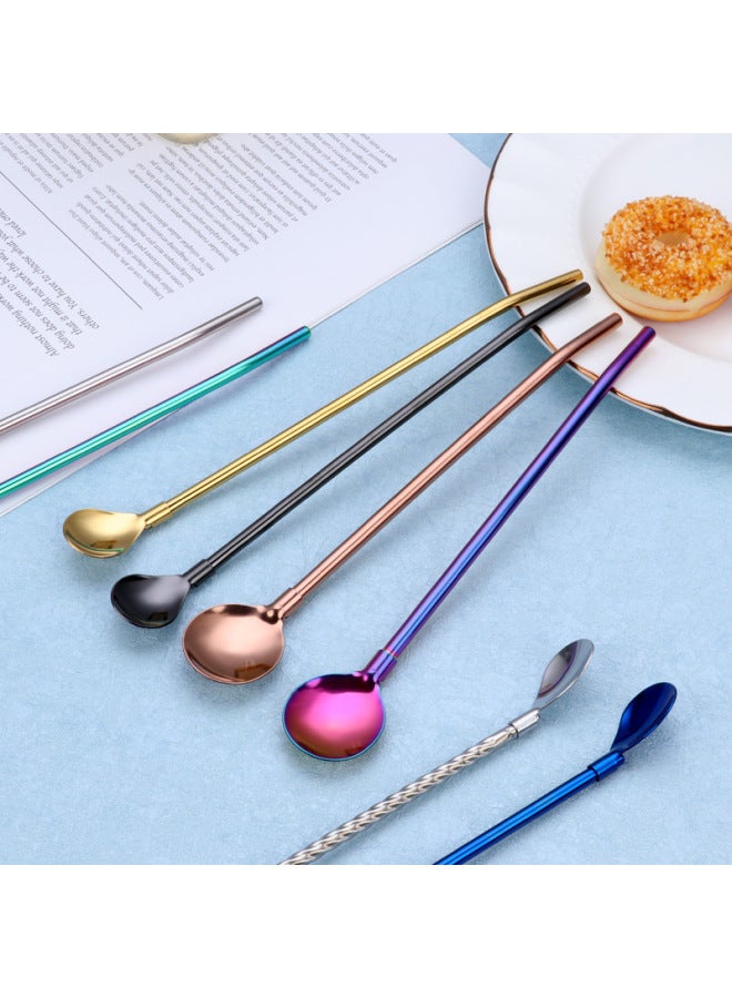 Colorful 304 Stainless Steel Straws Spoon Set For Beverages With Straw Filter Perfect Gift For Weddings Birthdays Festivals-Color:blue Plated-Specifications:Straw Round Spoon Cloth Wheel Light - Image 4