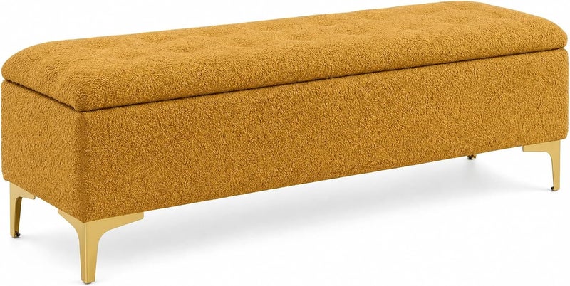 Modern Upholstered Boucle Storage Ottoman Bench with Golden Metal Legs - Yellow - Image 1