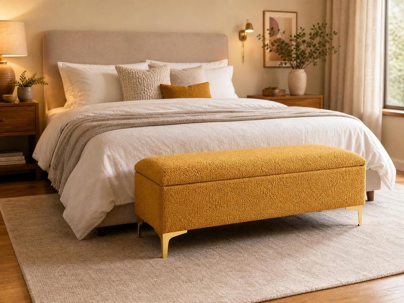 Modern Upholstered Boucle Storage Ottoman Bench with Golden Metal Legs - Yellow - Image 2