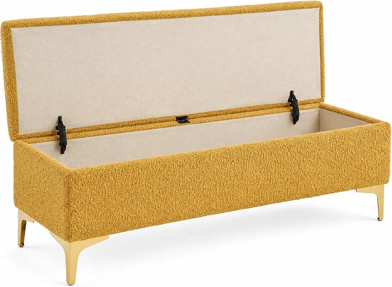 Modern Upholstered Boucle Storage Ottoman Bench with Golden Metal Legs - Yellow - Image 5