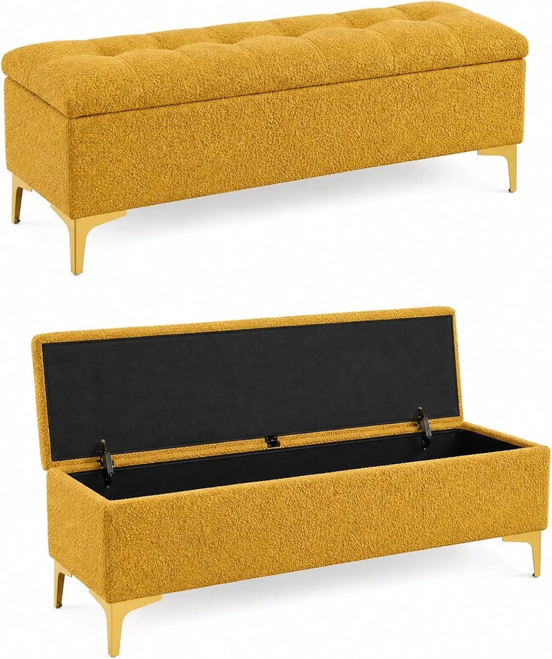 Modern Upholstered Boucle Storage Ottoman Bench with Golden Metal Legs - Yellow - Image 4