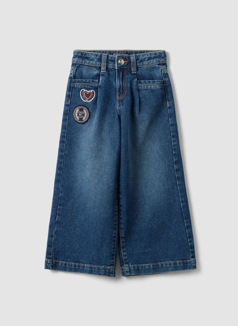 Ovs OVS Blue Wide-Leg Pure Cotton Jeans With Patches For Girls