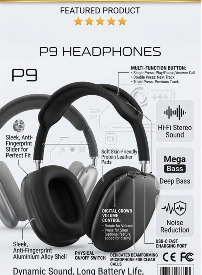 بي 9 سماعة رأس P9 لاسلكية فوق الأذن - صوت Hi-Fi ستيريو مع خاصية تقليل الضوضاء - تصميم مريح بجلد بروتيني ناعم وبطارية تدوم طويلاً - Image 1
