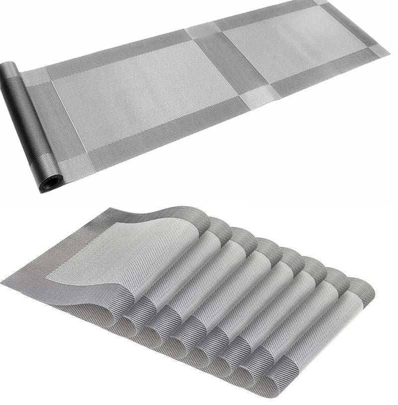 TASKHOUSE Placemats with Table Runner Set Woven Vinyl Heat Resistant Washable Tablemat for Dining Table (1 Table Runner and 8 Placemats - Silver) - Image 1