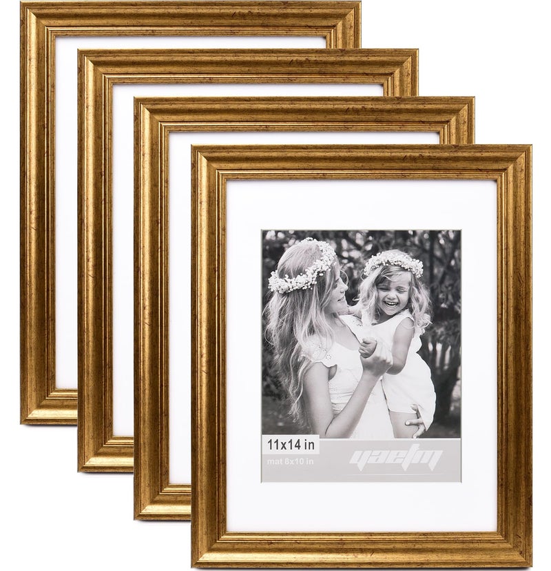 Yaetm 11x14 Gold Picture Frame with Mat for 8x10 Set of 4 14 Wide Molding  Rustic Gold Frame 11 x 14 with Tempered Glass for Wall Gallery Home and Office Wall Mount 4 Pack