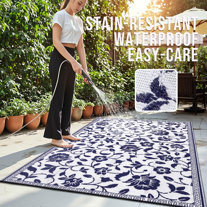 OLANLY Waterproof Outdoor Rug 5x8 ft, Outdoor Plastic Straw Rug with Flower Pattern, Reversible RV Mat for Patio, Camping, Balcony, Deck, Backyard, Navy & White - Image 3