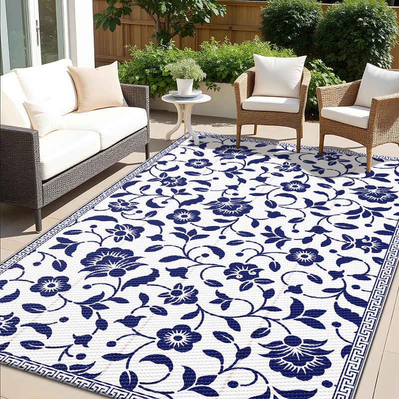 OLANLY Waterproof Outdoor Rug 5x8 ft, Outdoor Plastic Straw Rug with Flower Pattern, Reversible RV Mat for Patio, Camping, Balcony, Deck, Backyard, Navy & White - Image 1