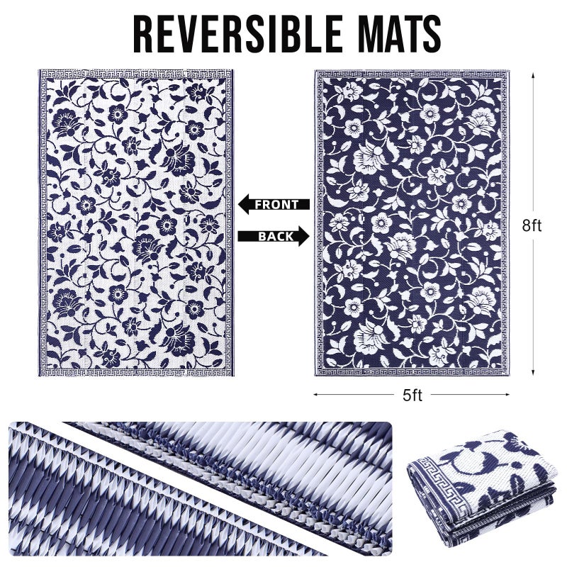 OLANLY Waterproof Outdoor Rug 5x8 ft, Outdoor Plastic Straw Rug with Flower Pattern, Reversible RV Mat for Patio, Camping, Balcony, Deck, Backyard, Navy & White - Image 2