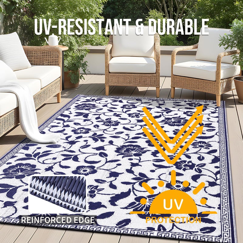 OLANLY Waterproof Outdoor Rug 5x8 ft, Outdoor Plastic Straw Rug with Flower Pattern, Reversible RV Mat for Patio, Camping, Balcony, Deck, Backyard, Navy & White - Image 4